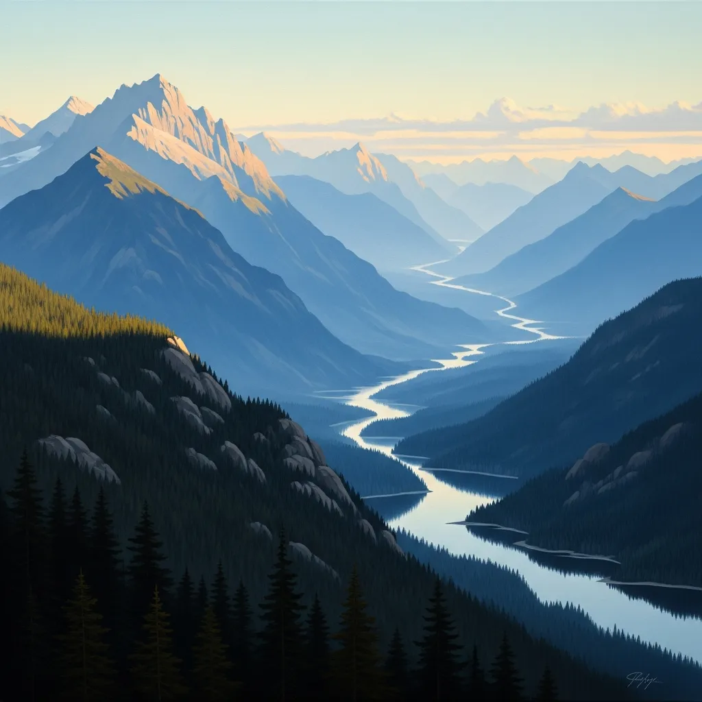 Breathtaking landscape painting with mountains and atmospheric perspective